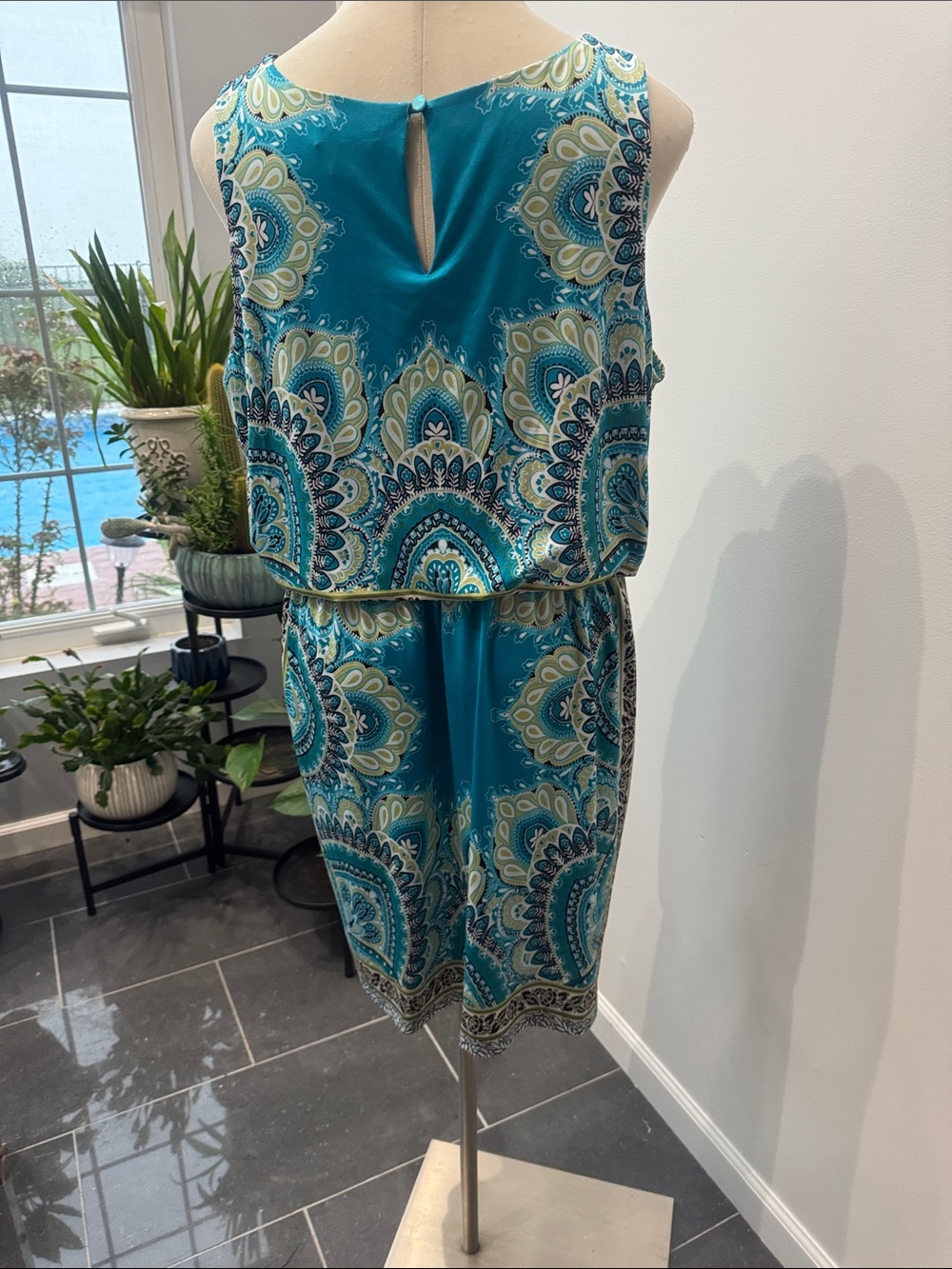 Cato Teal Paisley Sleeveless Mini Dress with Black Fringe - Picture 5 of 6